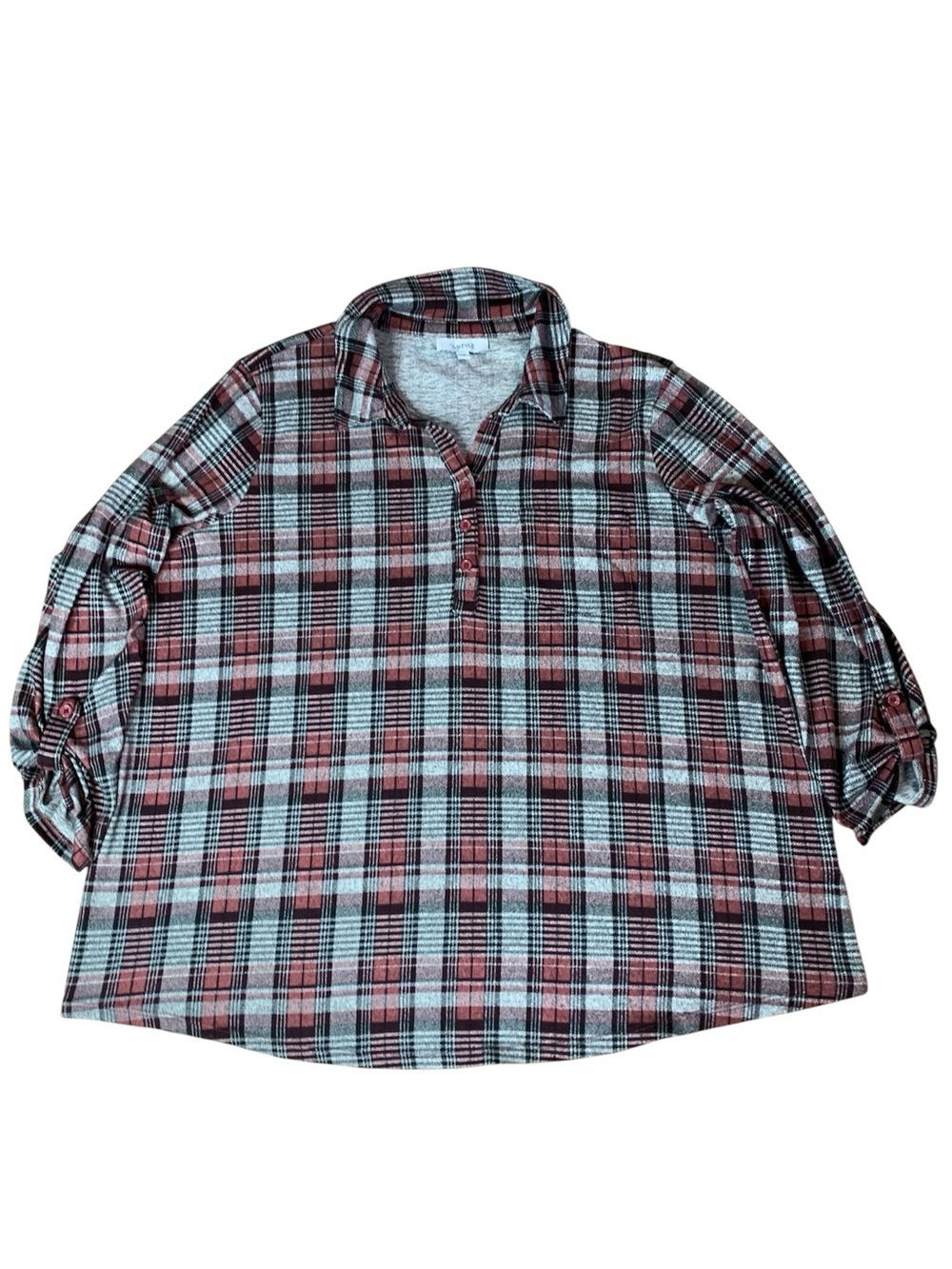 mySTYLE Plaid Henley Tunic Top 1X Burgundy Grey Soft Stretch Roll Tab